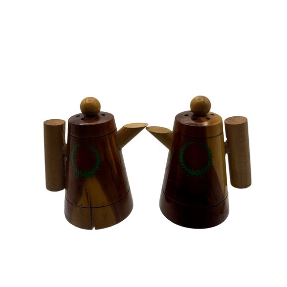 Vintage Wooden Coffee Pot Salt & Pepper Shakers With Green Laurel Wreath Design - Picture 1 of 6
